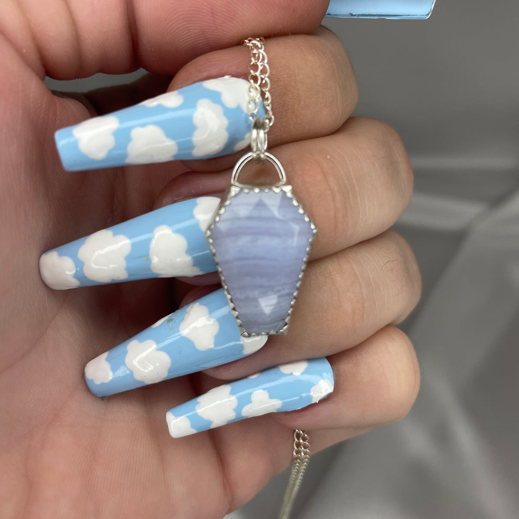 925 Sterling Silver Blue Lace Agate Coffin Necklace